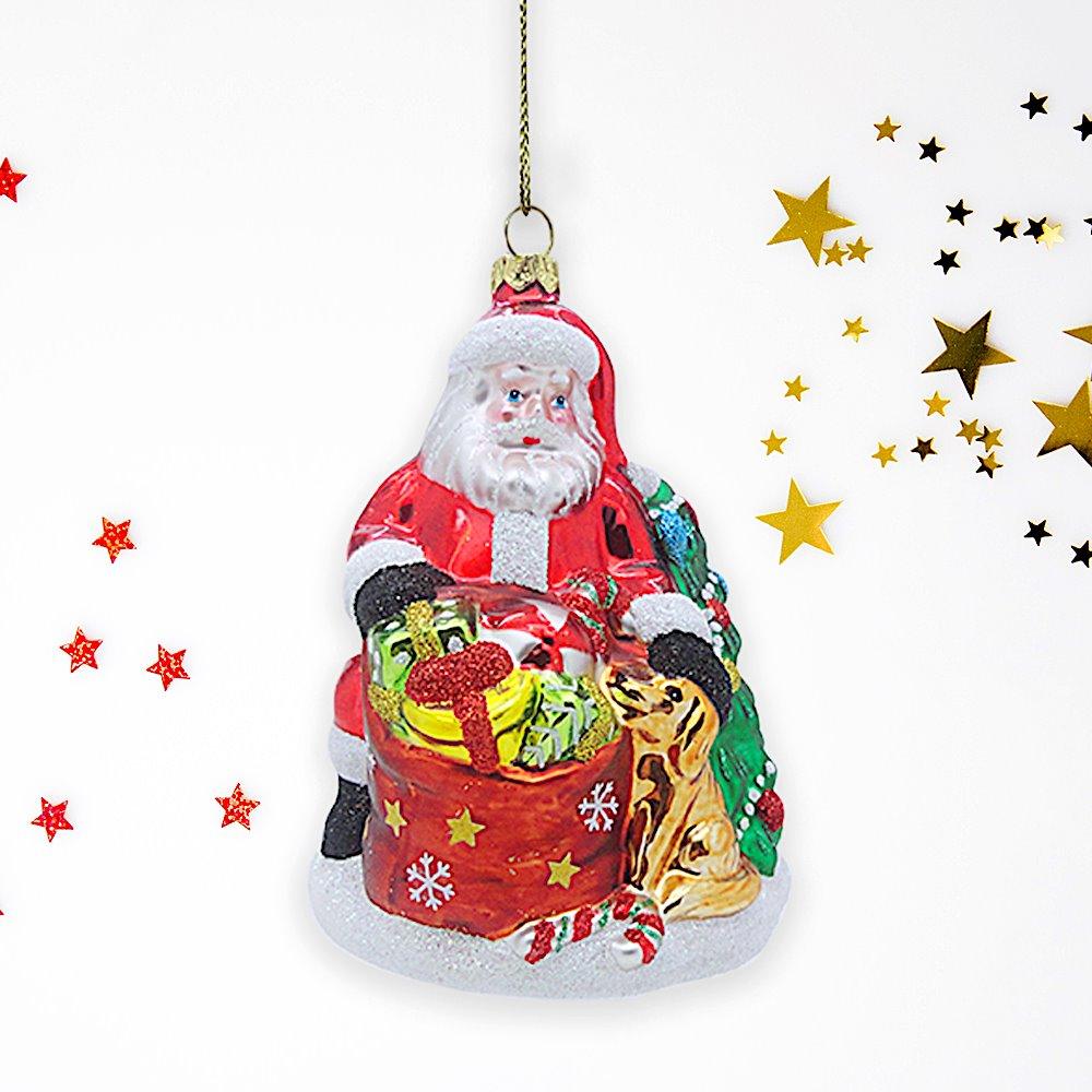 Santa with Dog and Giant Gift Bag Glass Christmas Ornament