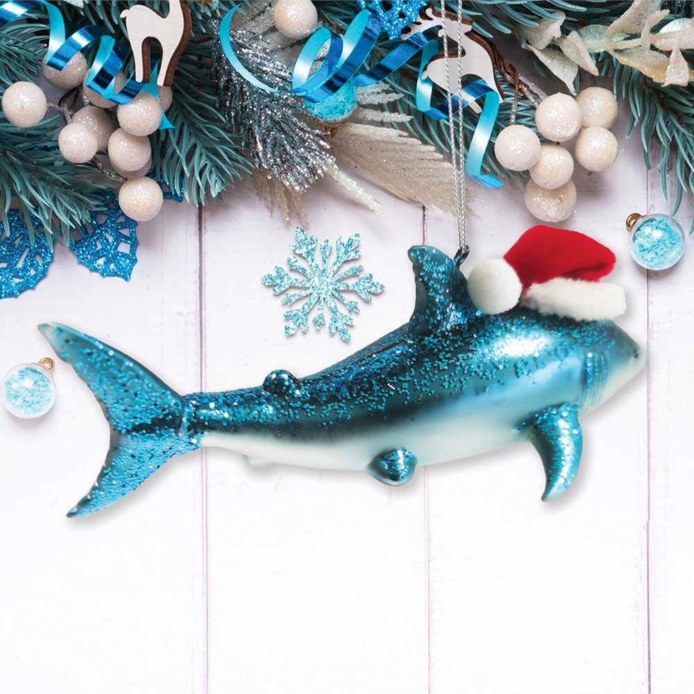 Shark with Santa Hat Glass Christmas Ornament