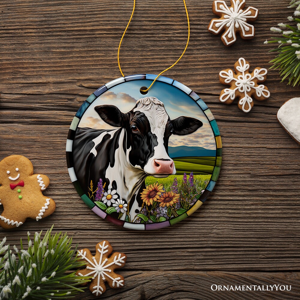 Stained Glass Bucolic Farm Cow Scene in the Pasture Ornament