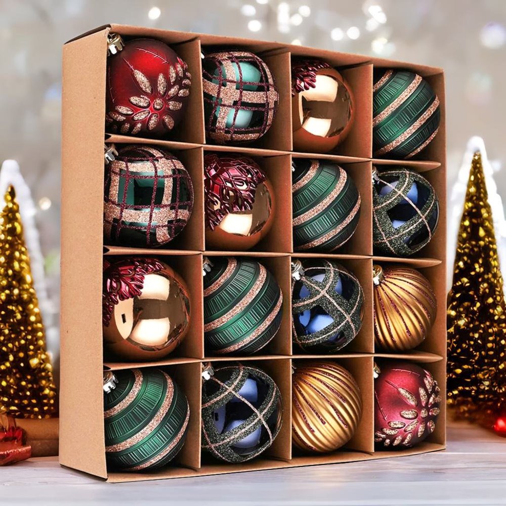 Touch of Gold Delightfully Glittered Ornament Bauble Set, Green, Blue, Bronze and Maroon 16 Piece Bundle