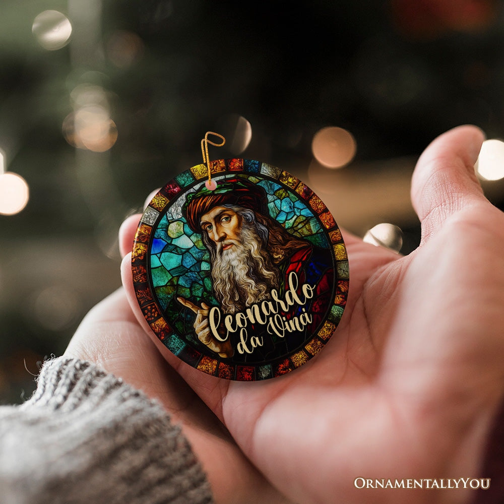 Artistic Leonardo da Vinci Self-Portrait in Stained Glass Themed Christmas Ornament, Medieval Renaissance Italy Keepsake