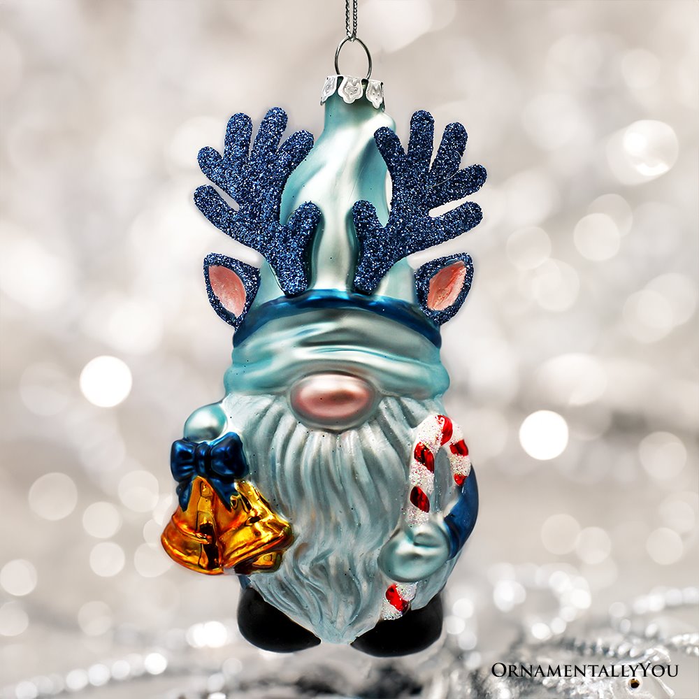 Charming Blue Gnome with Antlers Glass Christmas Ornament