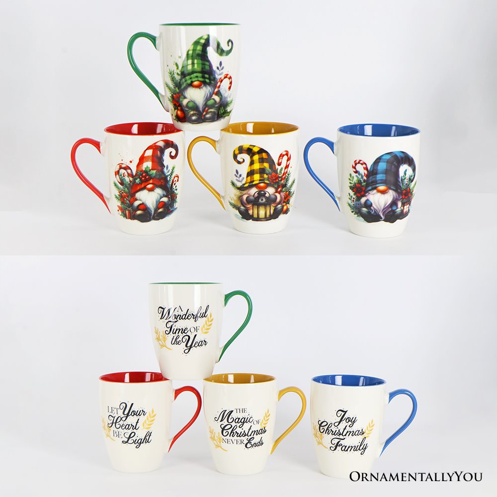 Cheerful Holiday Gnome Eclectic Ceramic Mug Set of 4, Christmas Coffee Cups for a Tableware Gift