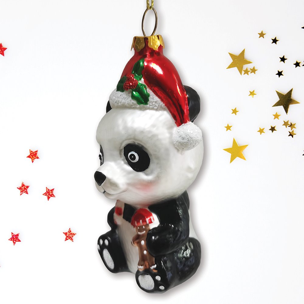 Cute Panda with Santa Hat and Gift Blown Glass Christmas Ornament