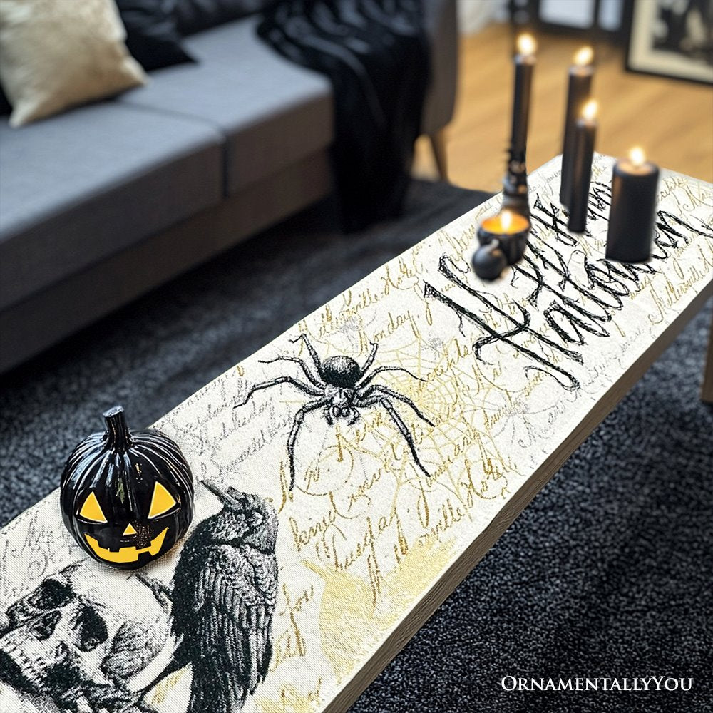 Elegant 72" Gothic Jacquard Table Runner, Halloween Tablecloth with Spider Webs and Black Ravens