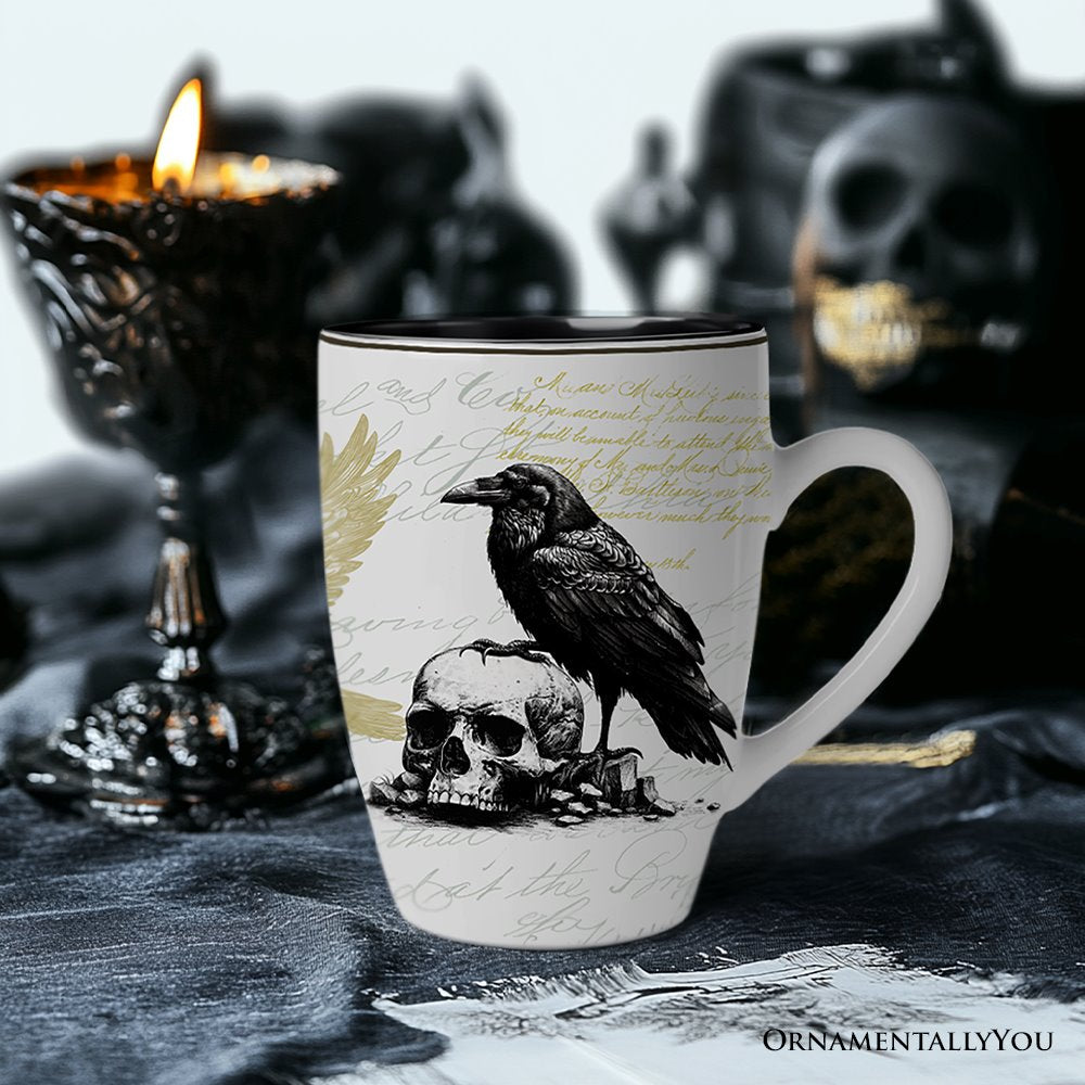 Elegant Goth Set of 4 Ceramic Mugs with Real Gold Trim, Black and White Spooky Halloween Coffee Cup Kitchen Gift