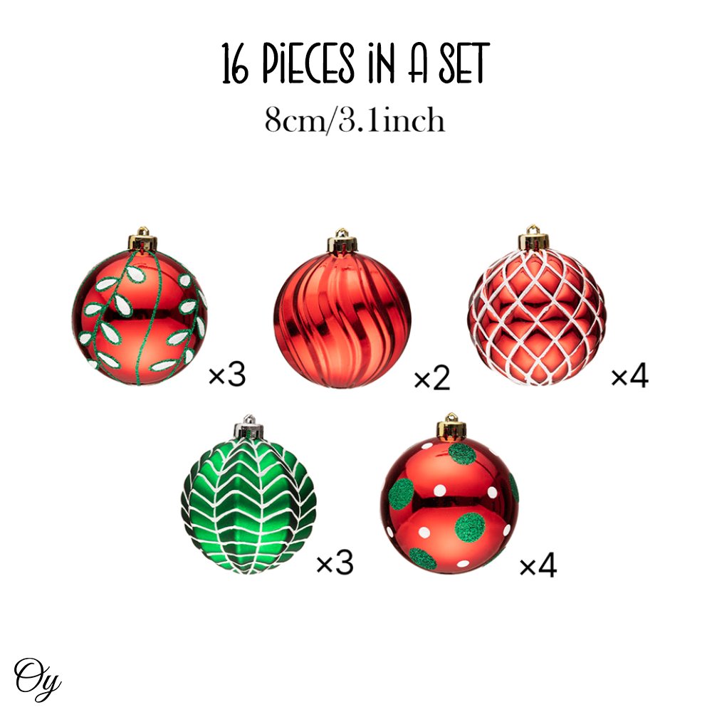 Festive Christmas Ornament Bundle, 16 Red and Green Glittered Baubles