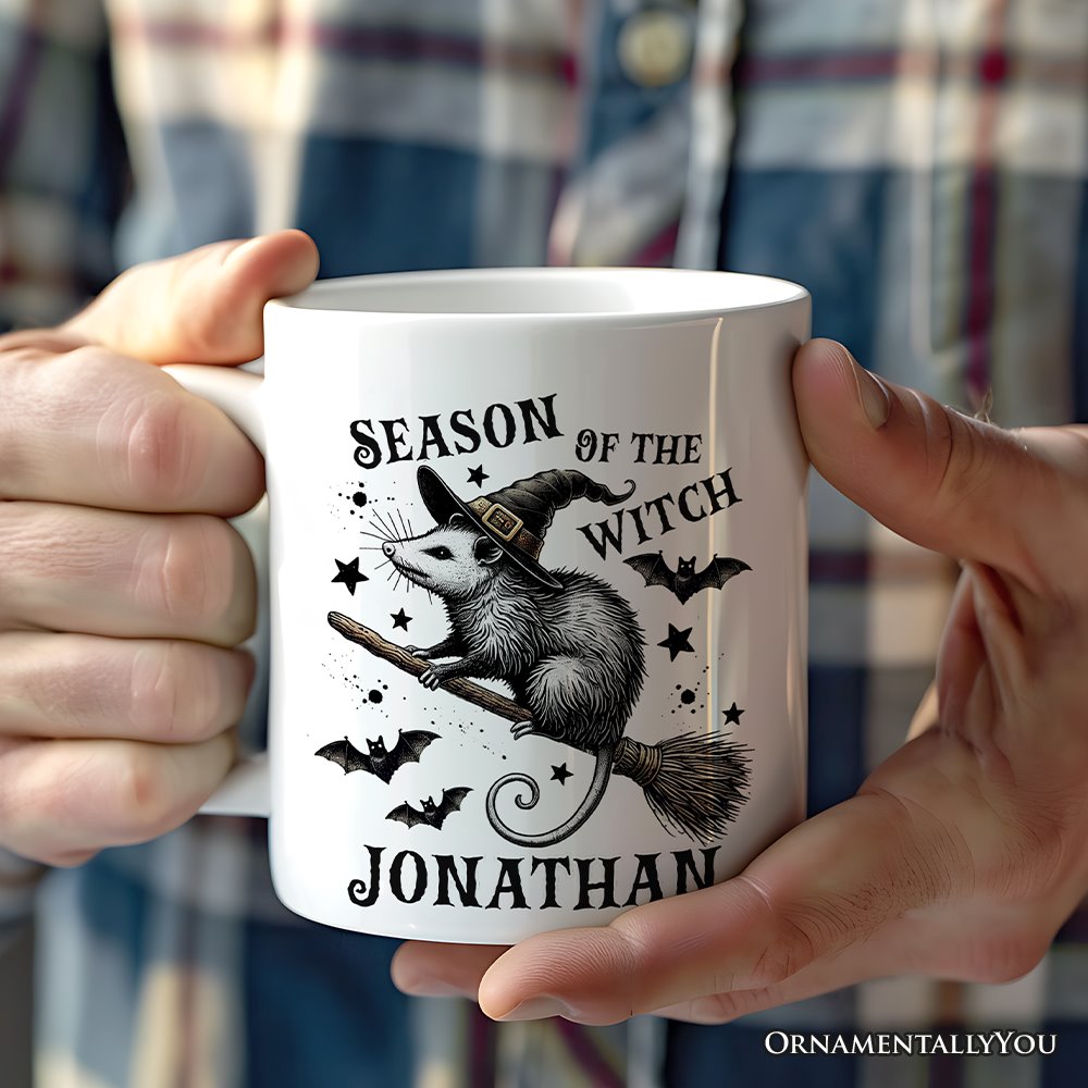 Funny Opossum Witch with Broom Personalized Mug, Vintage Halloween Gift with Custom Name