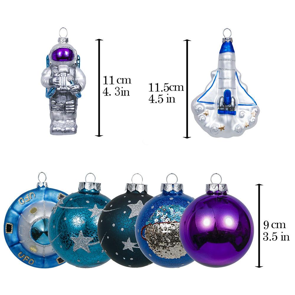 Galactic Space Theme Glass Ornament Bundle, Purple Star Pattern Baubles, Astronaut, Spaceship, and UFO Decorations