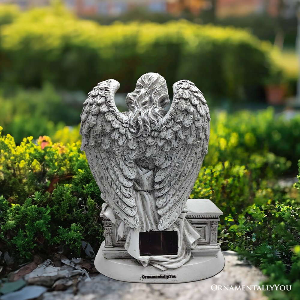 Guardian Angel Reading Book Garden Statue, 10" Solar Powered Angelic Outdoor Figurine