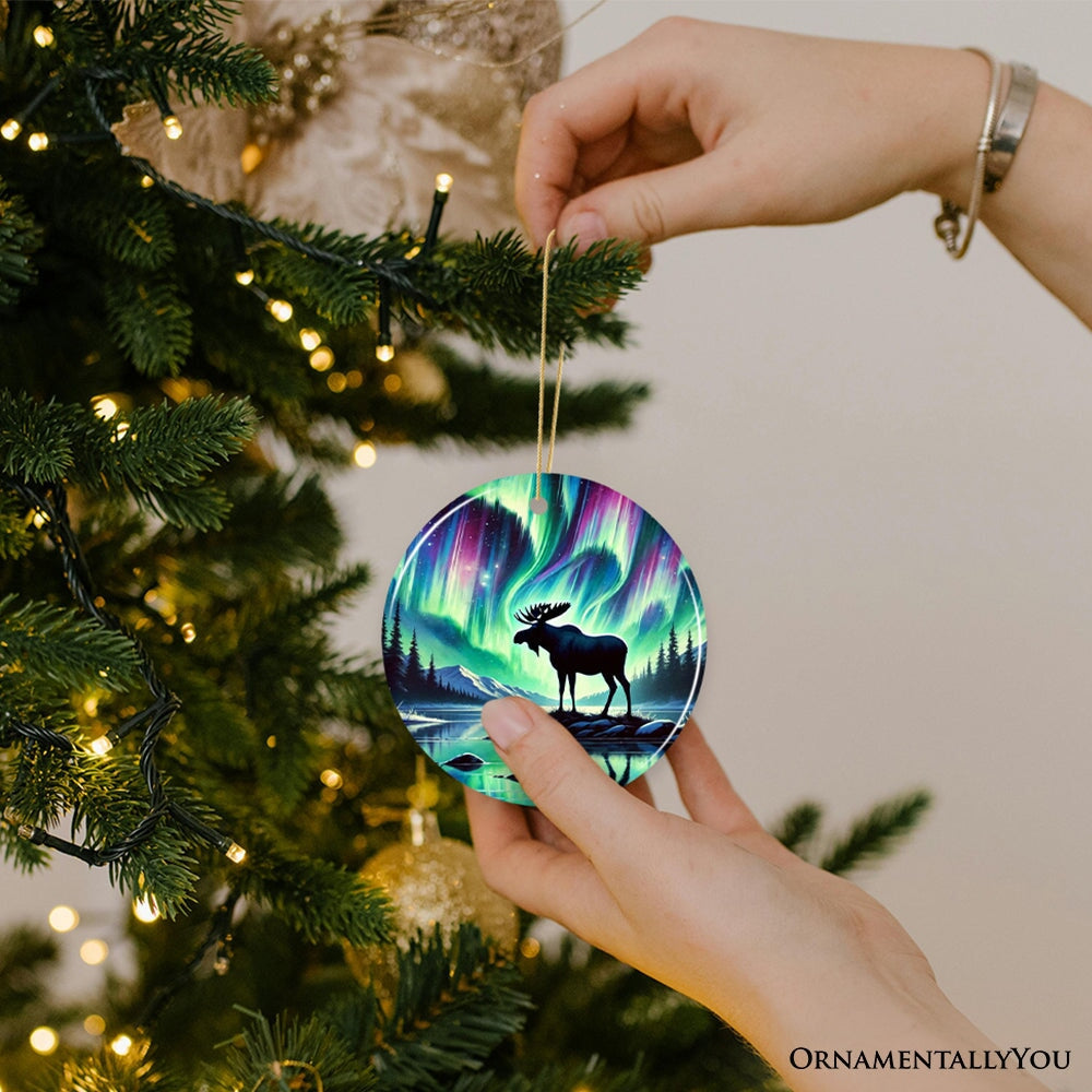 Majestic Moose Under Northern Lights Ornament, Gift for Enchanted Christmas