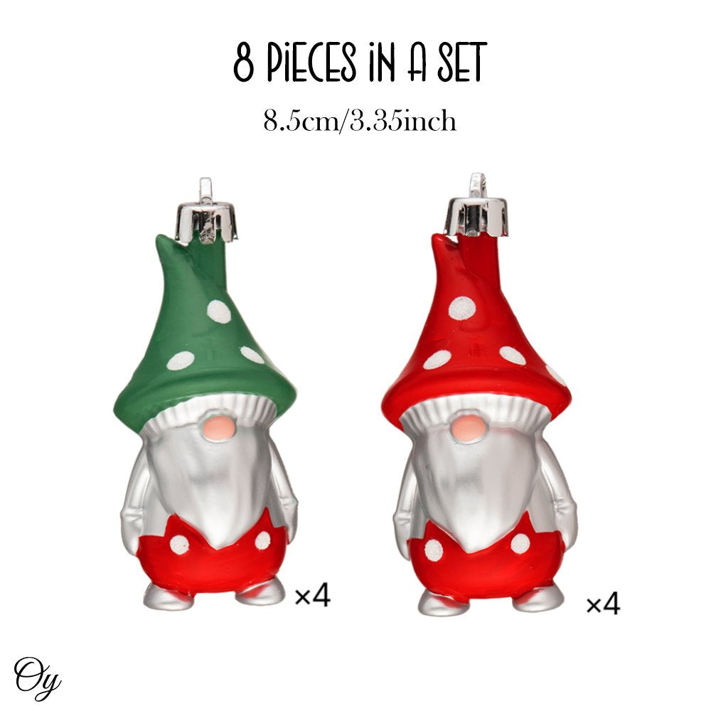 Red and Green Polka Dot Christmas Folksy Gnome Ornament Set, 8 Shatterproof Tree Gnomies