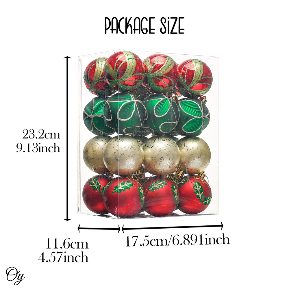 Refined Ornament Bauble Set, 24 Piece Red, Gold, and Green Glitter Christmas Bundle