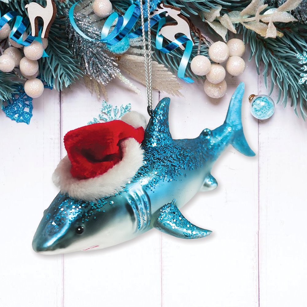 Shark with Santa Hat Glass Christmas Ornament