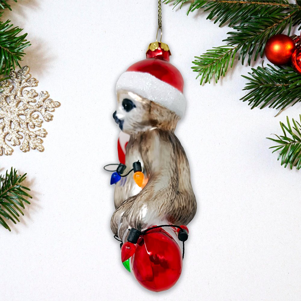 Sloth and Candy Cane Glass Christmas Ornament