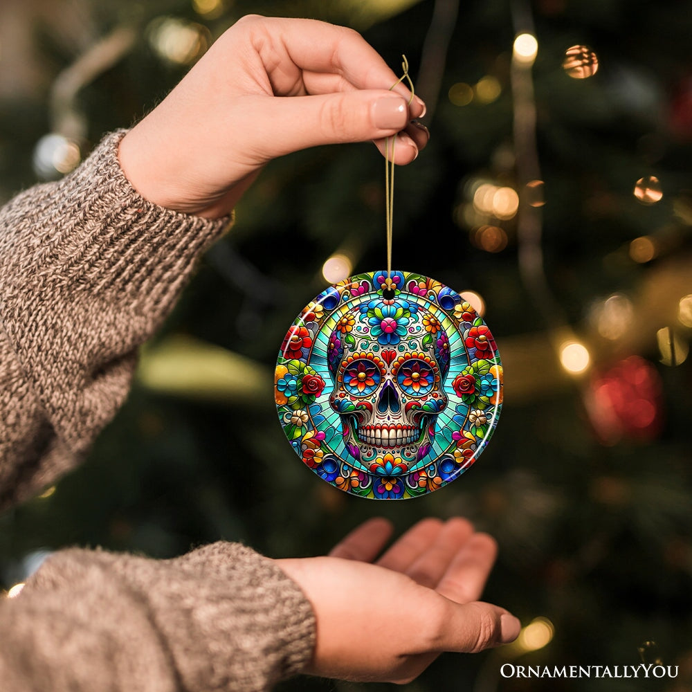 Sugar Skull Stained Glass Themed Ceramic Ornament, Day of the Dead Mexican Christmas Gift