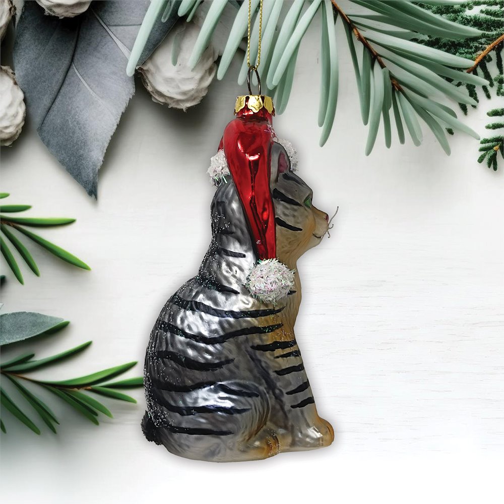 Tabby Cat with Santa Hat Glass Christmas Ornament