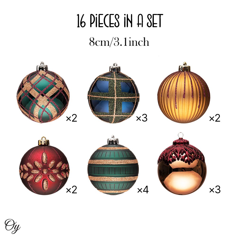 Touch of Gold Delightfully Glittered Ornament Bauble Set, Green, Blue, Bronze and Maroon 16 Piece Bundle