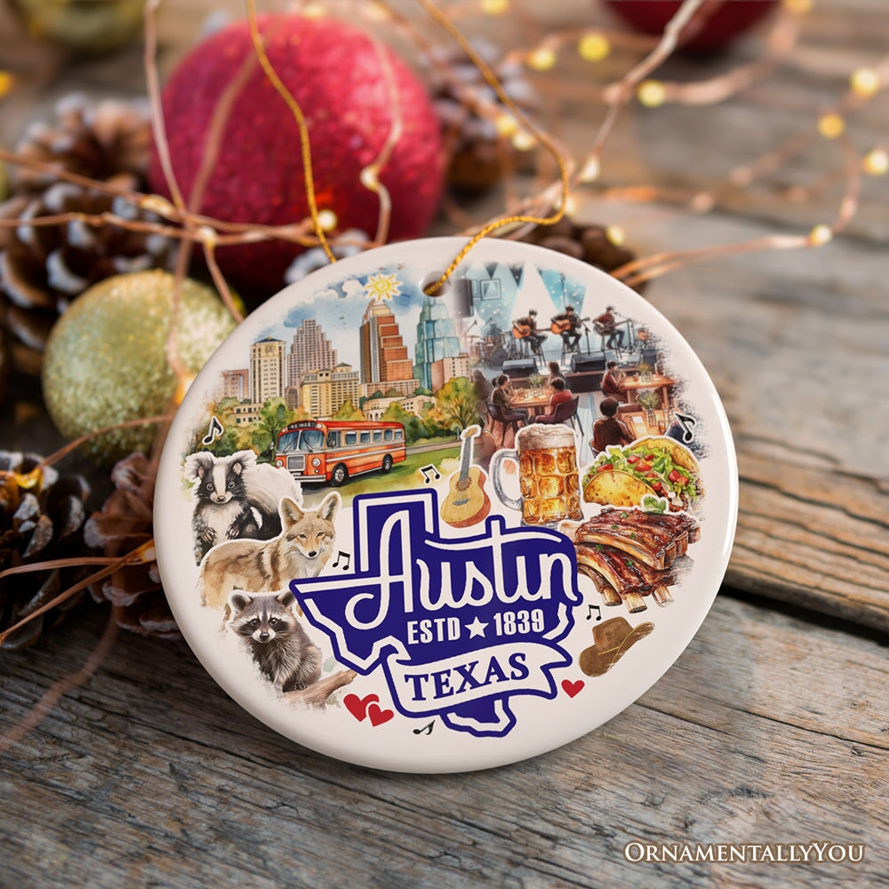 Artistic Austin Texas Christmas Ornament, Unique Ceramic Keepsake Souvenir and Gift