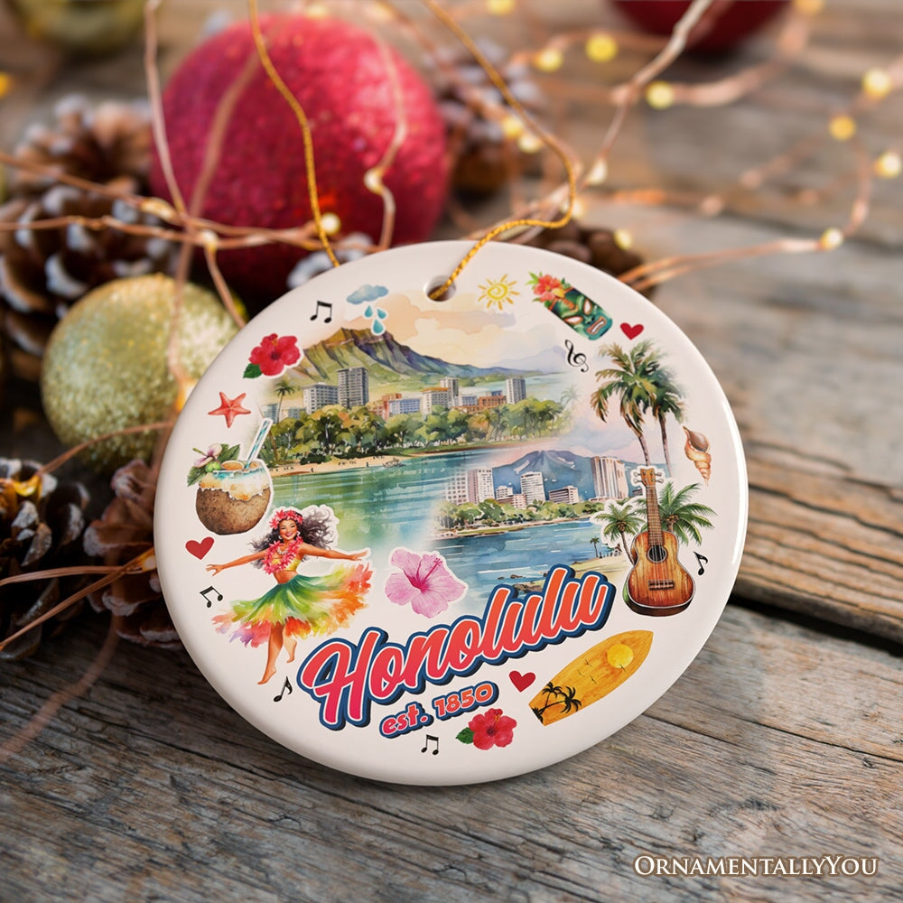 Artistic Honolulu Hawaii Christmas Ornament, Tropical Hawaiian Keepsake and Souvenir Gift