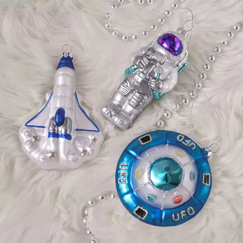 Galactic Space Theme Glass Ornament Bundle, Purple Star Pattern Baubles, Astronaut, Spaceship, and UFO Decorations