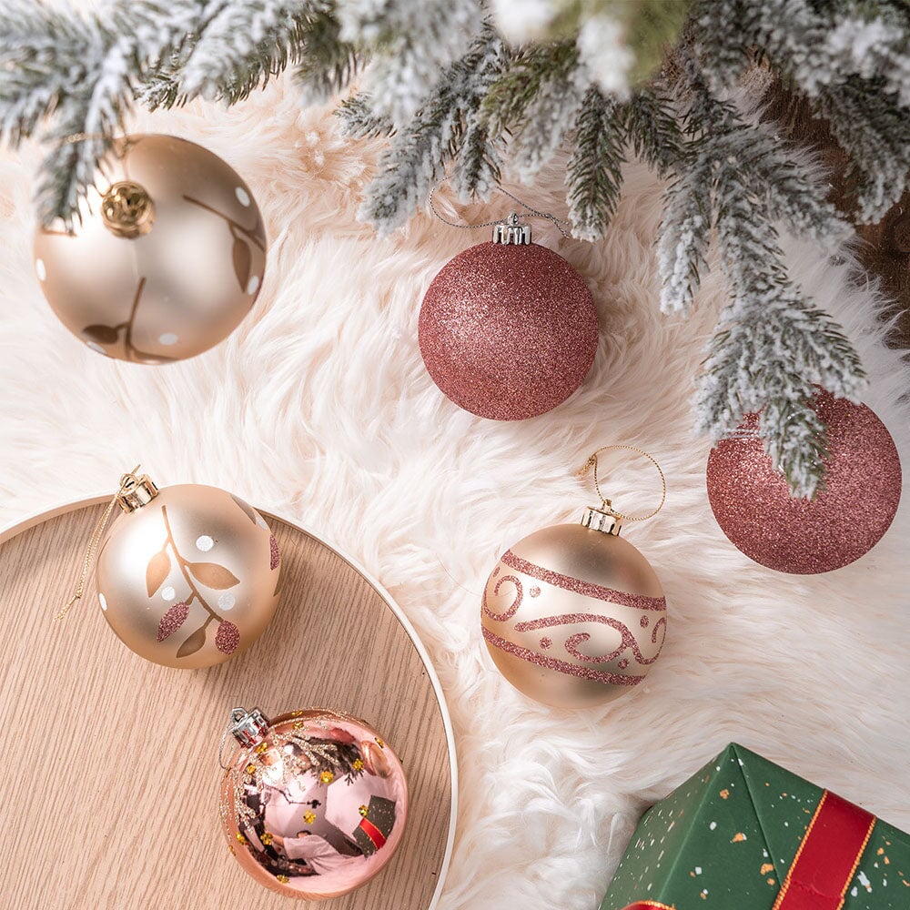 Glamorous and Cute Shiny Pink and Rose Gold Christmas Ornament Set, Glittered and Girly Feminine Holiday Baubles