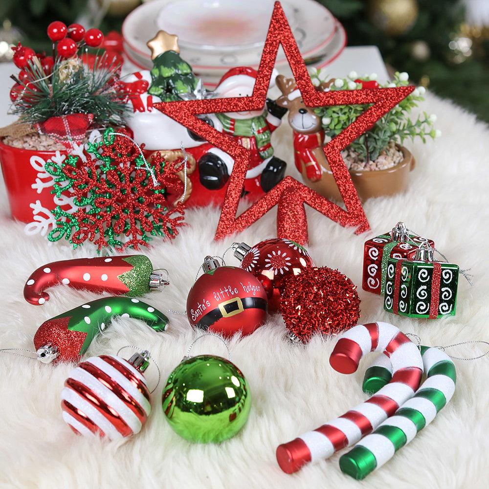 Mega Elf Christmas Ornament Bundle Set, 100 Assorted Baubles of Greens, Reds, Candycanes, and Gift Boxes