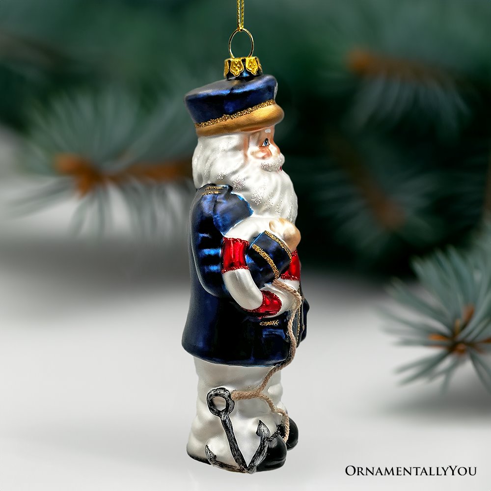 Santa the Ship Captain Glass Ornament, Gift for Boat Commander of the Seas