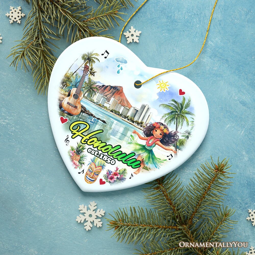 Artistic Honolulu Hawaii Christmas Ornament, Tropical Hawaiian Keepsake and Souvenir Gift