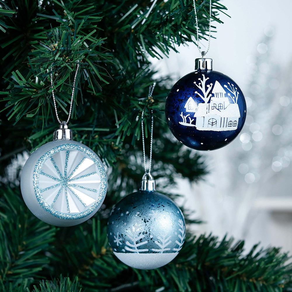 Elegant Blue Winter Theme Christmas Ornament Bundle, 9 Piece Snow and Tree Baubles