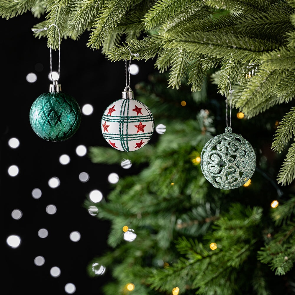 Elegantly Distinct Set of Christmas Ornaments Magenta, Green, White and Red Baubles, Icicles and Stars