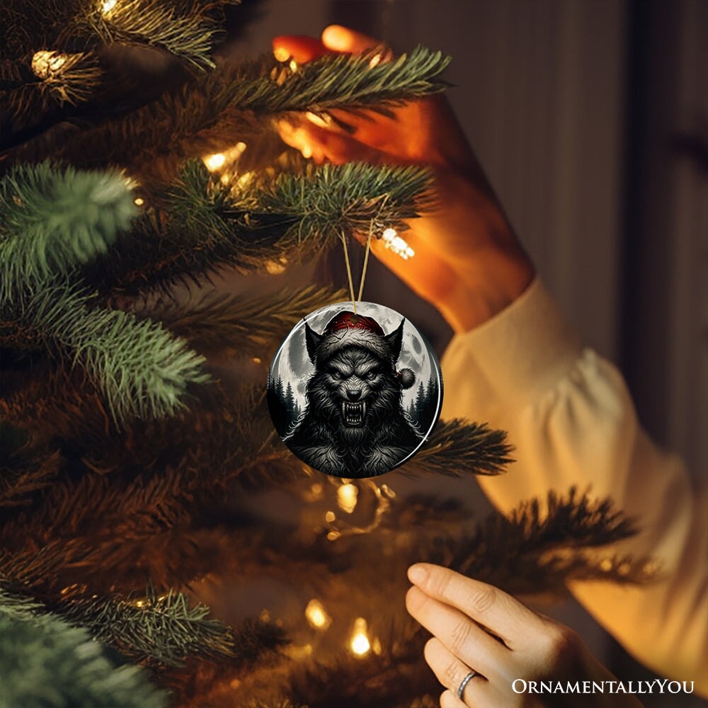 Ferocious Werewolf with Santa Hat Ornament, Terrifying Holiday Gift for Halloween Lovers