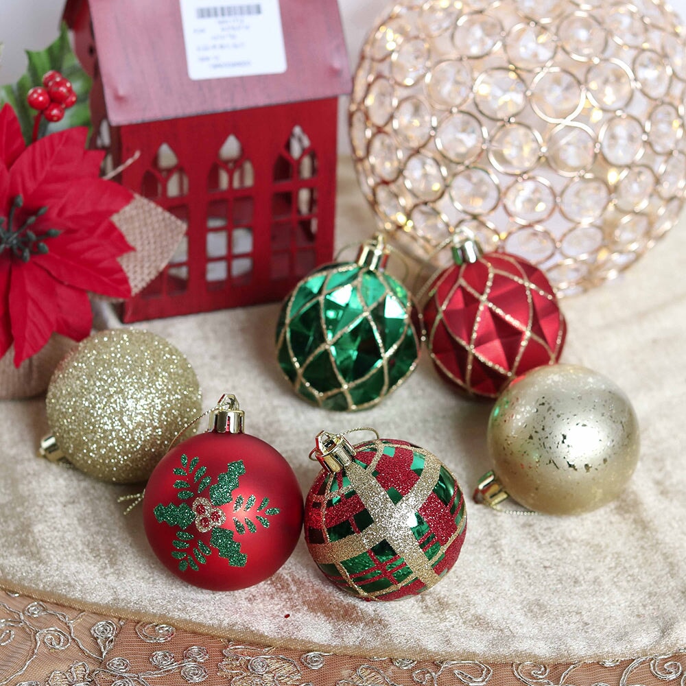 Graceful Ornament Bundle Set, Red, 30 Green and Gold Glittered Tree Baubles