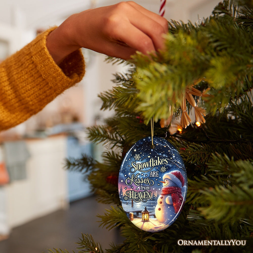 Snowflakes are Kisses from Heaven Quote Christmas Ornament, Snowman under the Twilight Sky Memorial Gift