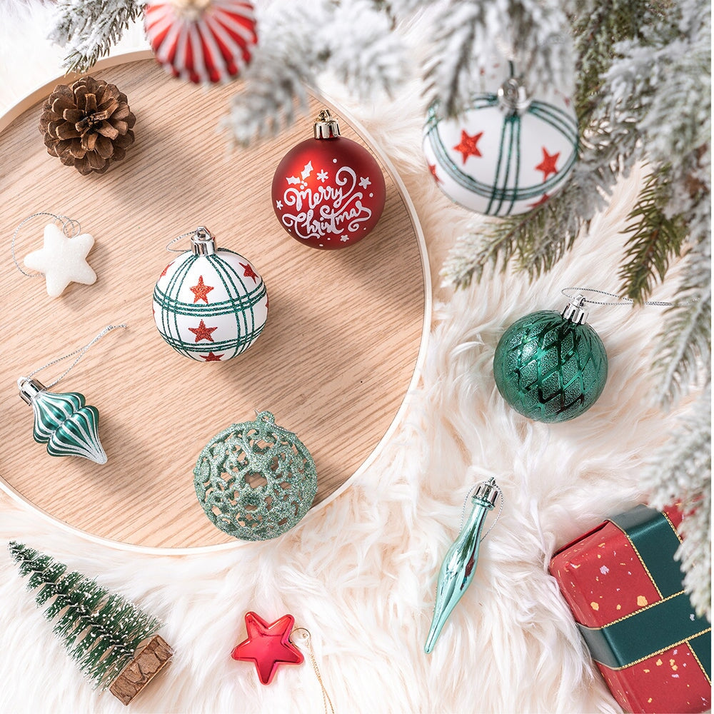 Elegantly Distinct Set of Christmas Ornaments Magenta, Green, White and Red Baubles, Icicles and Stars