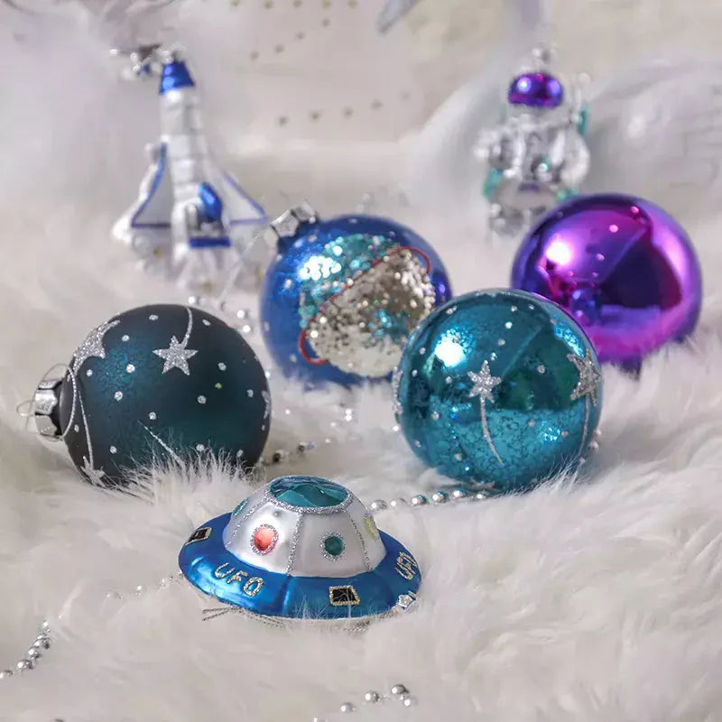 Galactic Space Theme Glass Ornament Bundle, Purple Star Pattern Baubles, Astronaut, Spaceship, and UFO Decorations