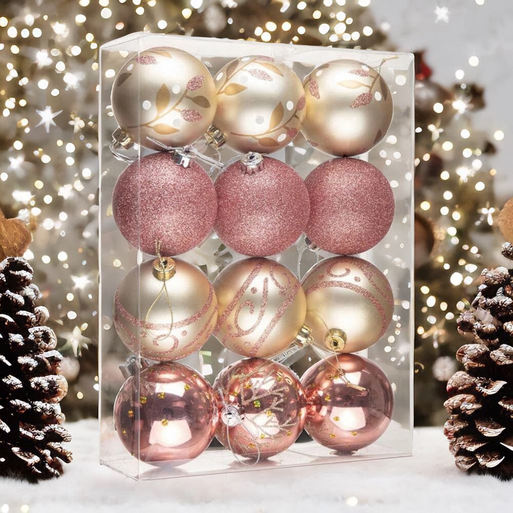 Glamorous and Cute Shiny Pink and Rose Gold Christmas Ornament Set, Glittered and Girly Feminine Holiday Baubles