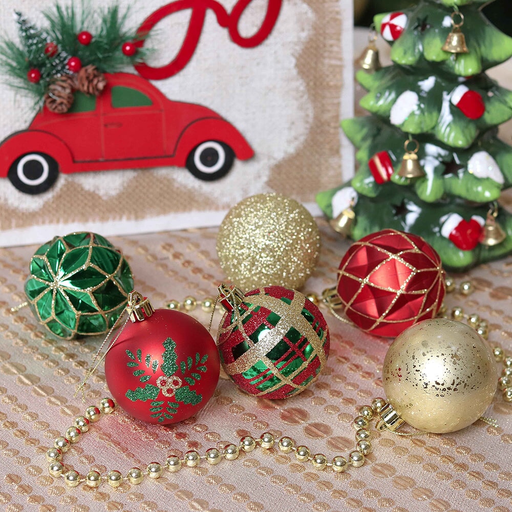 Graceful Ornament Bundle Set, Red, 30 Green and Gold Glittered Tree Baubles