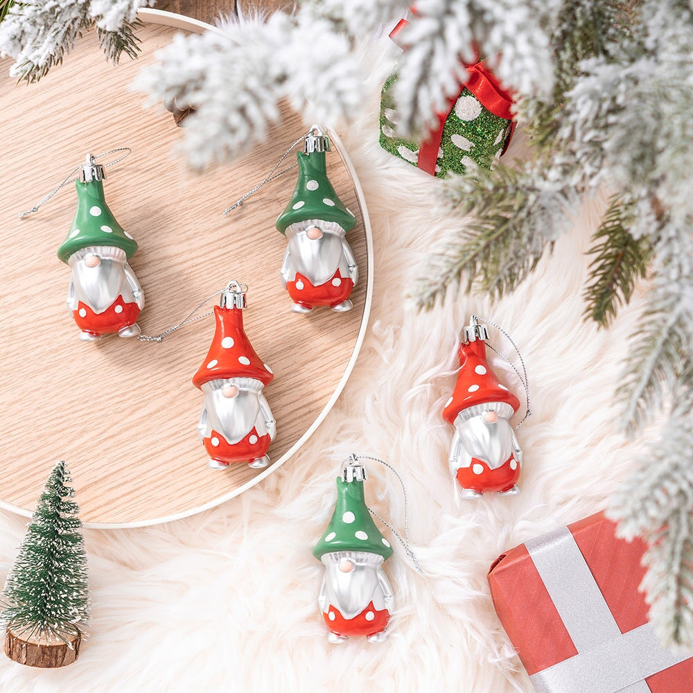 Red and Green Polka Dot Christmas Folksy Gnome Ornament Set, 8 Shatterproof Tree Gnomies