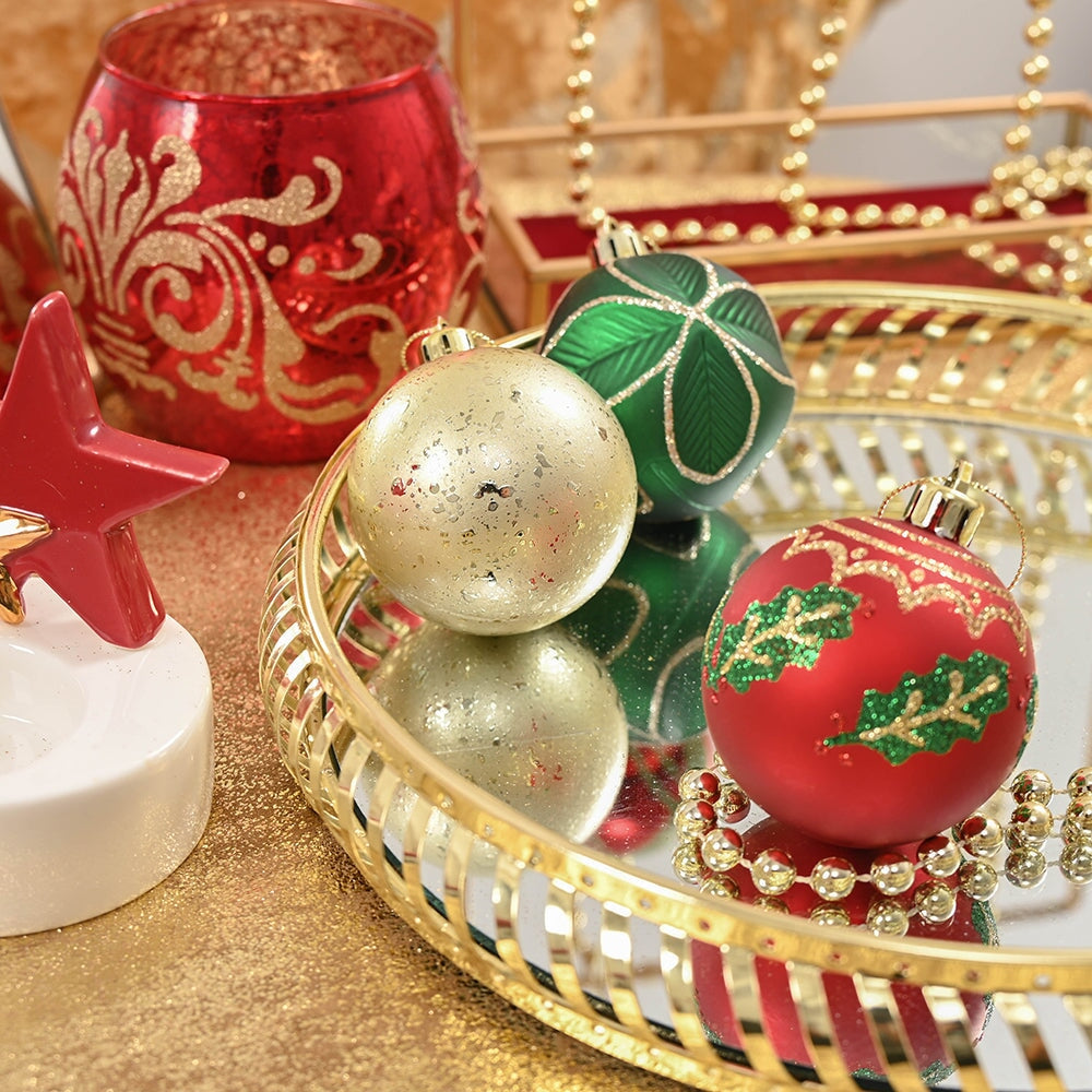 Refined Ornament Bauble Set, 24 Piece Red, Gold, and Green Glitter Christmas Bundle