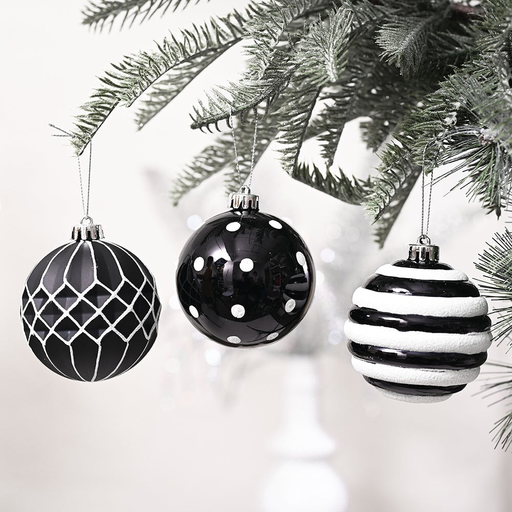 Black and White Monochrome Christmas Bauble Ornament Set, Emo or Gothic Tree Ideas