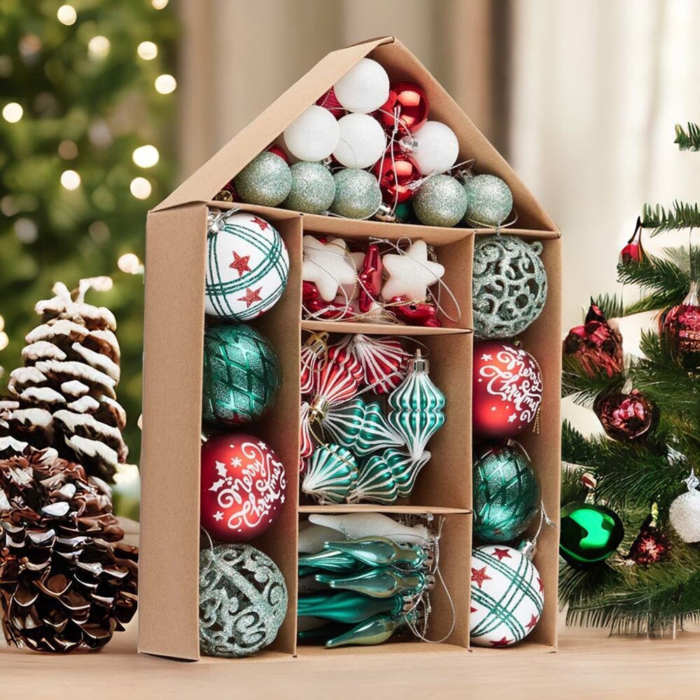 Elegantly Distinct Set of Christmas Ornaments Magenta, Green, White and Red Baubles, Icicles and Stars