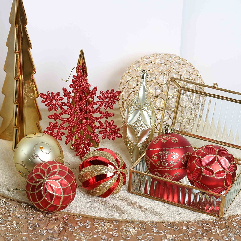 Red and Gold Glitter Luxury Shatterproof Christmas Ornament Bauble Set