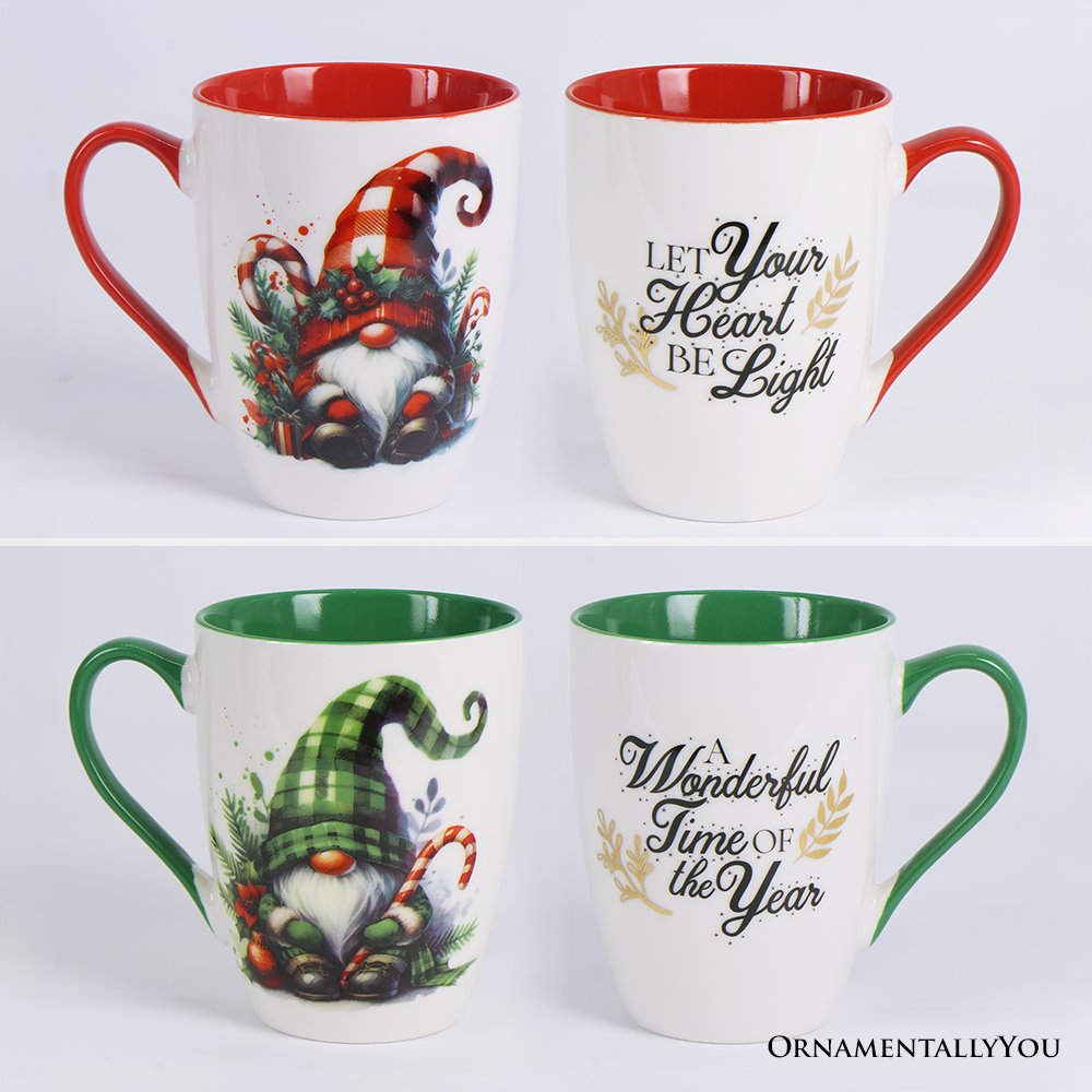 Cheerful Holiday Gnome Eclectic Ceramic Mug Set of 4, Christmas Coffee Cups for a Tableware Gift