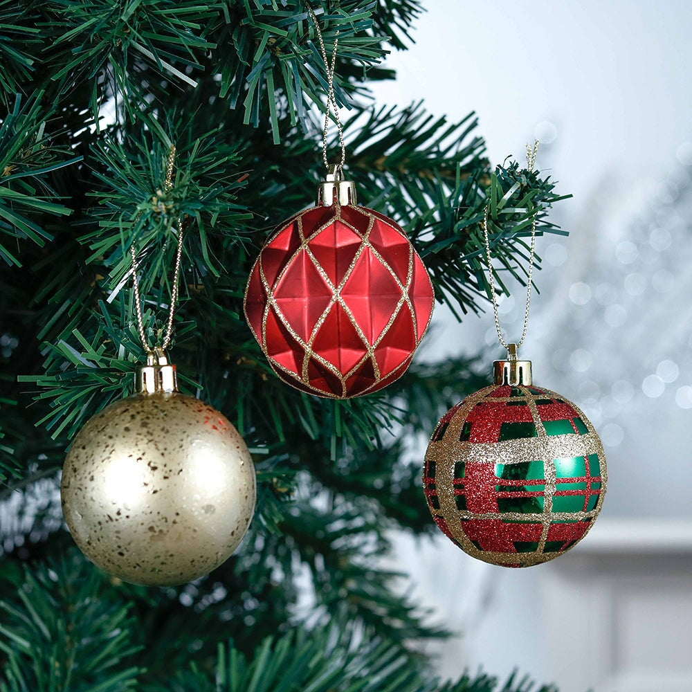 Graceful Ornament Bundle Set, Red, 30 Green and Gold Glittered Tree Baubles