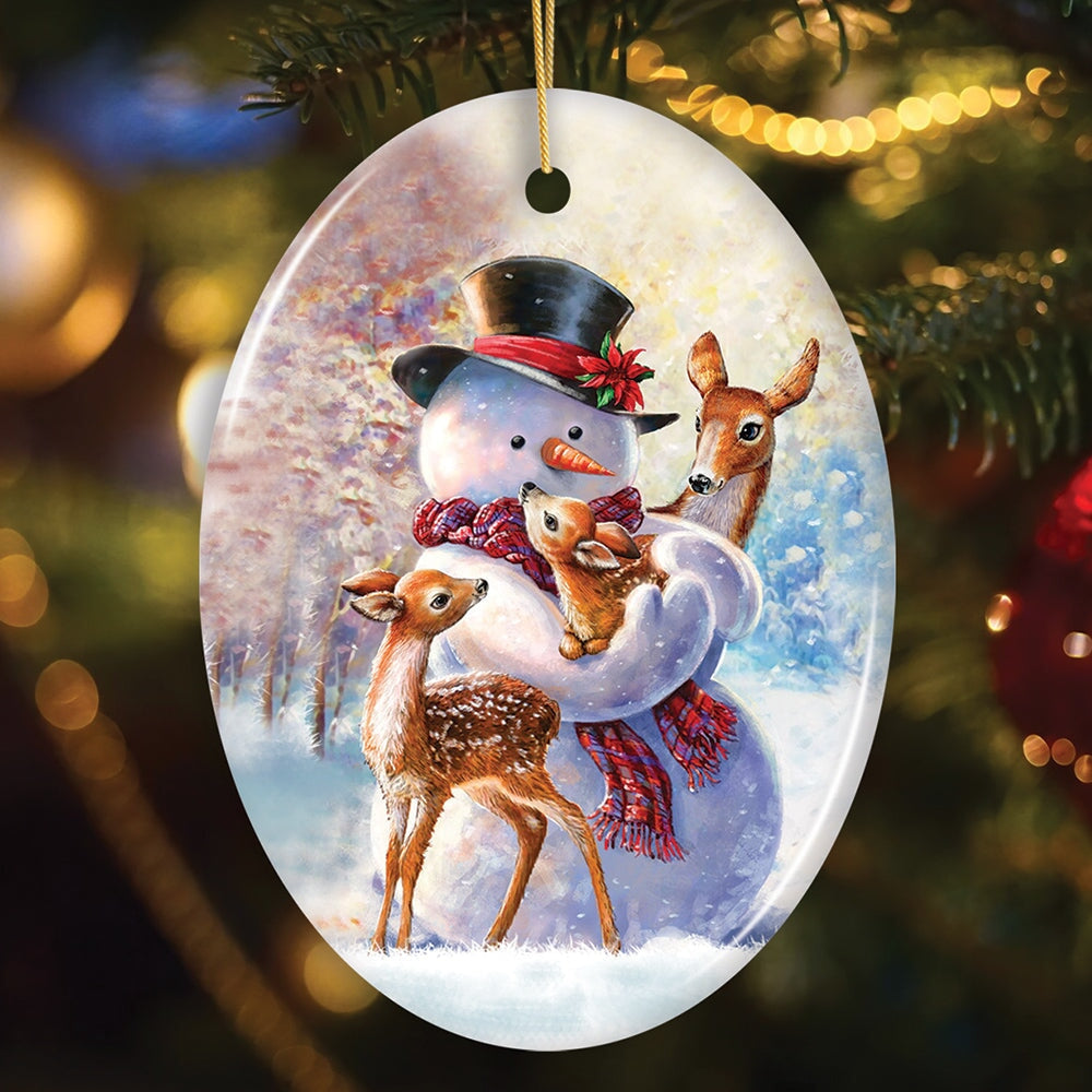 Charming Delicate Snowman and Fawns Christmas Ornament, Winter Deer Love Scene