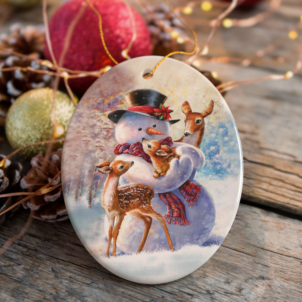 Charming Delicate Snowman and Fawns Christmas Ornament, Winter Deer Love Scene