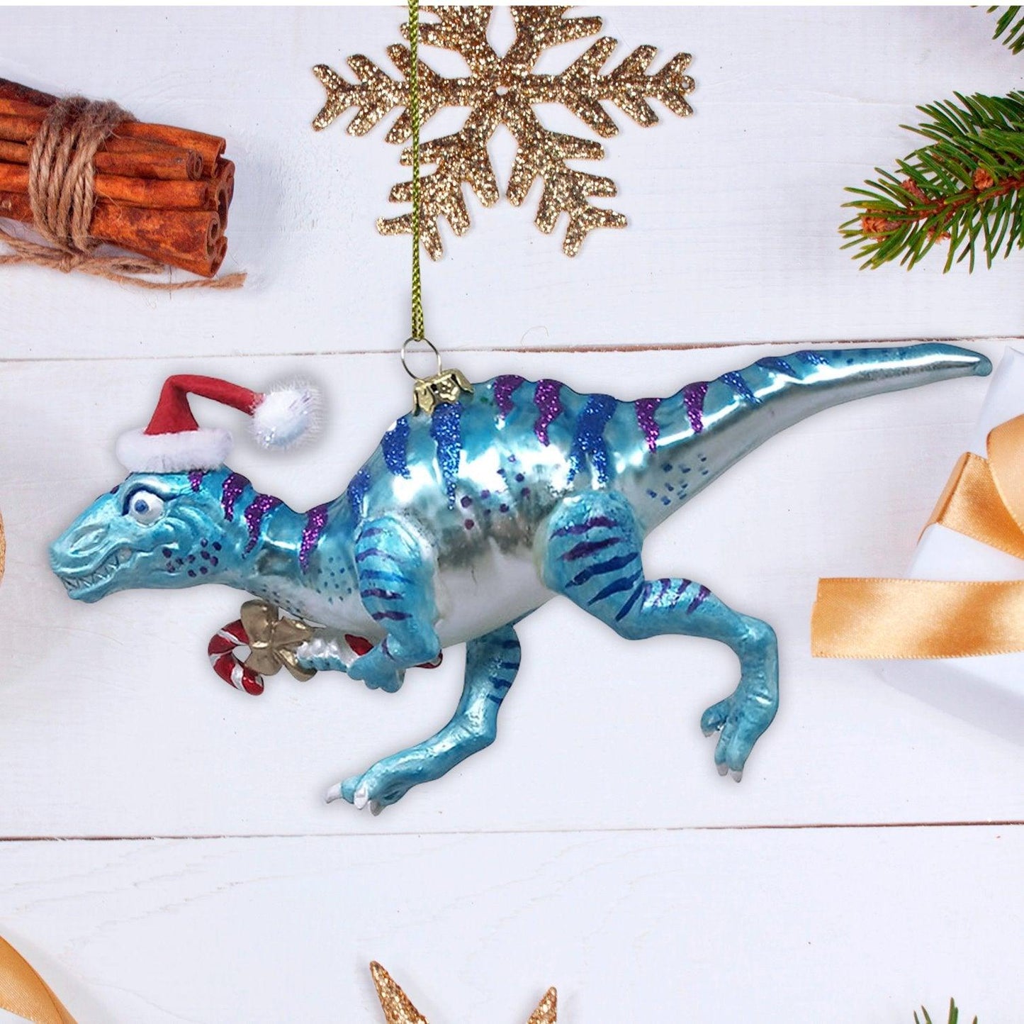 Christmas Theme Dinosaur Raptor Glass Ornament