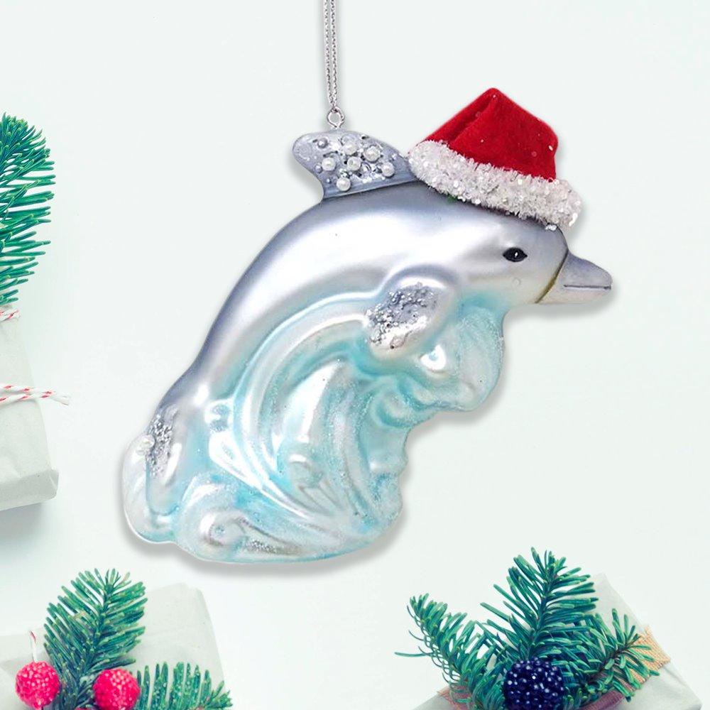 Dolphin and Ocean Wave Glass Christmas Ornament