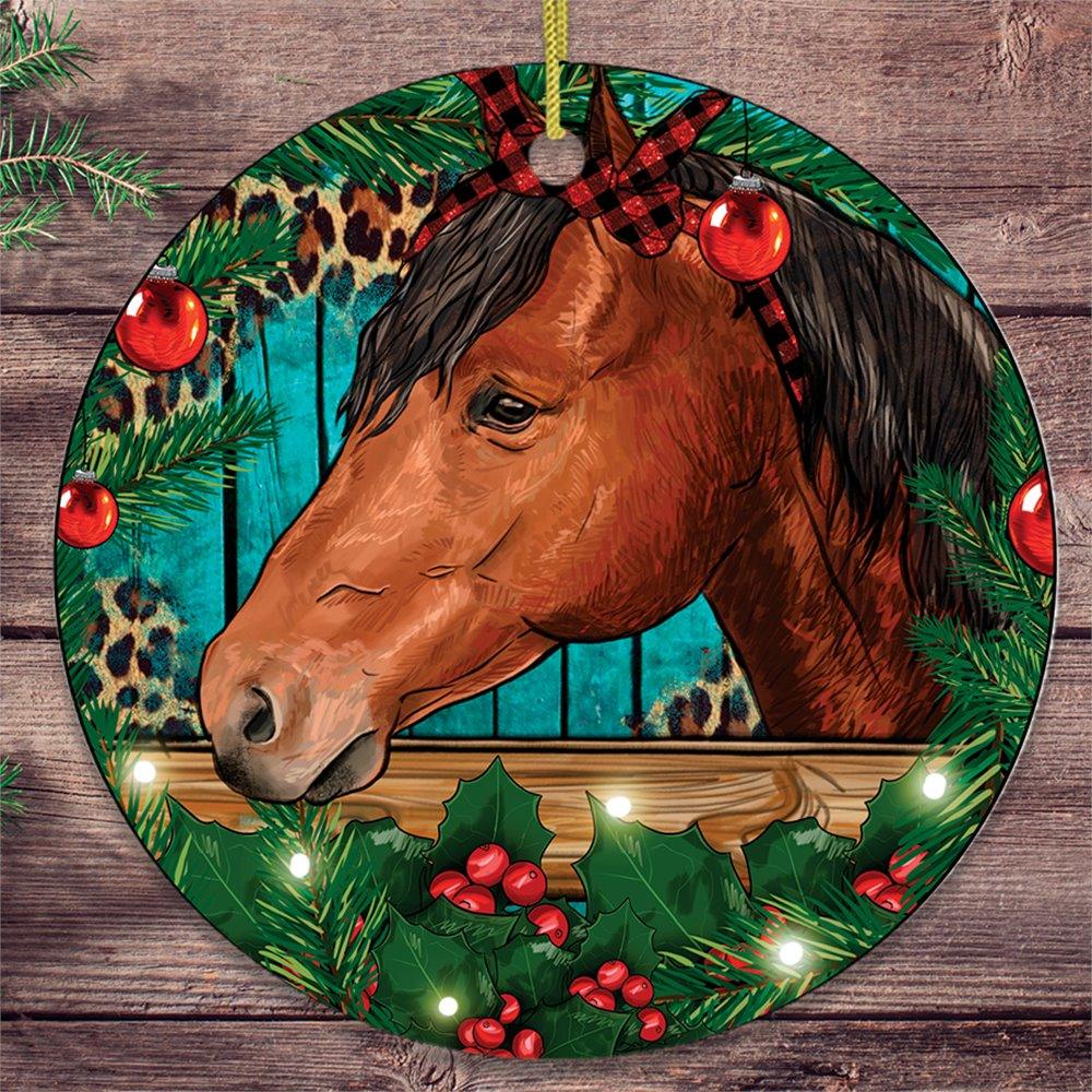 Elegant Brown Horse in Christmas Wreath Ornament